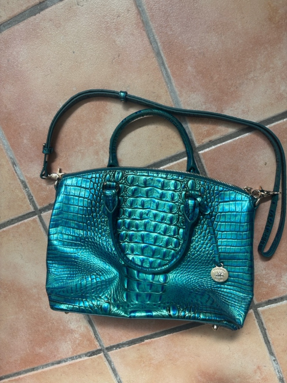 BRAHMIN BAG Teal Croc-Embossed Satchel Handbag with Detachable Strap